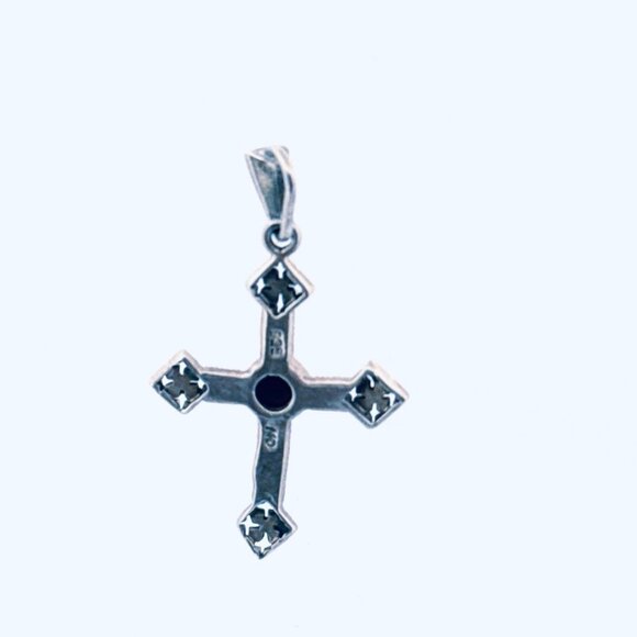 Vintage Sterling Silver 925 Marcasite Onyx Ornate Cross Pendant, 1.46g, No Chain - Picture 3 of 9